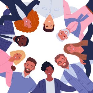 Vector illustration of diverse cartoon multinational hugging men and women in office outfits. Isolated on white.